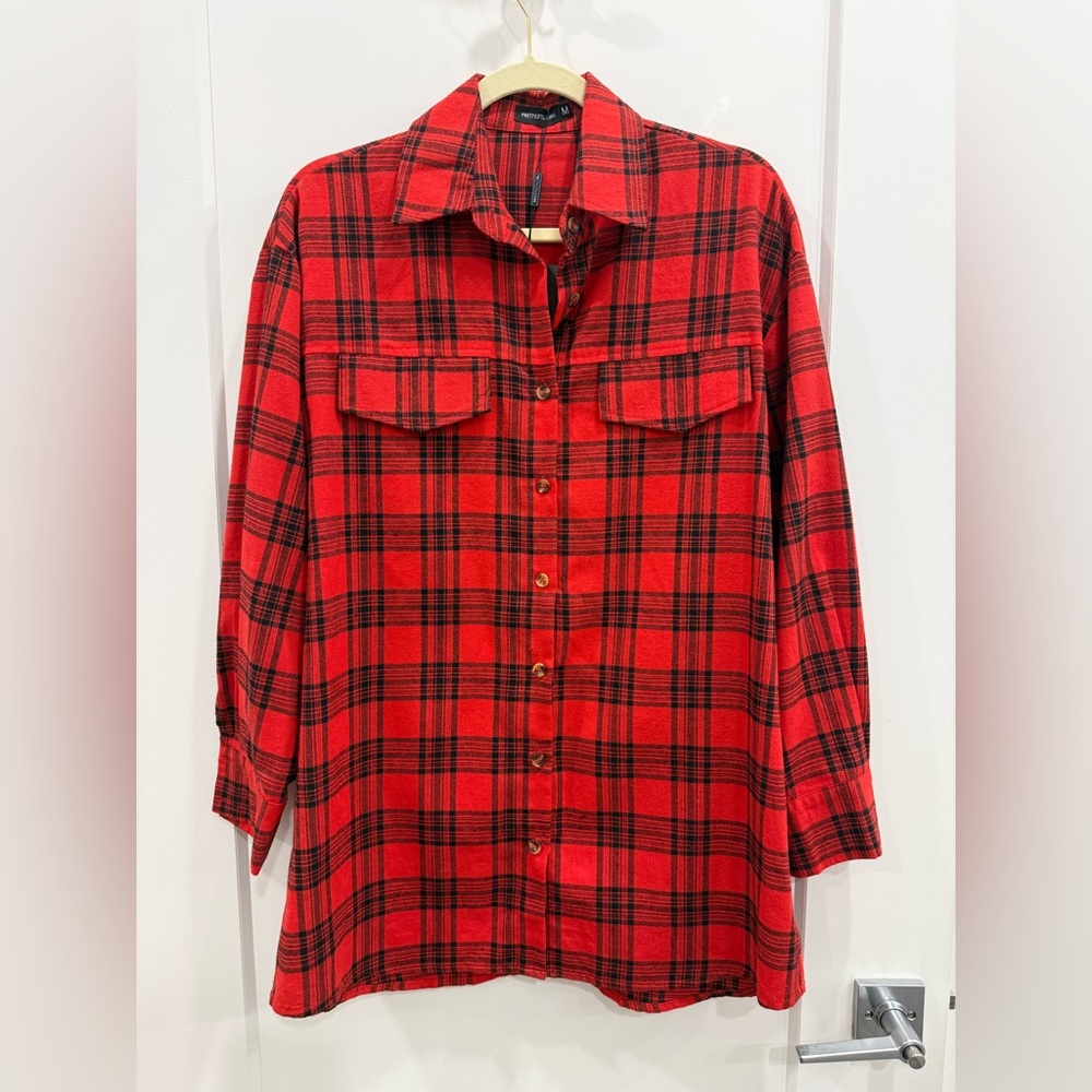 PrettyLittleThing Red Tartan Oversized Flannel Shirt Dress – NWT – Size Medium